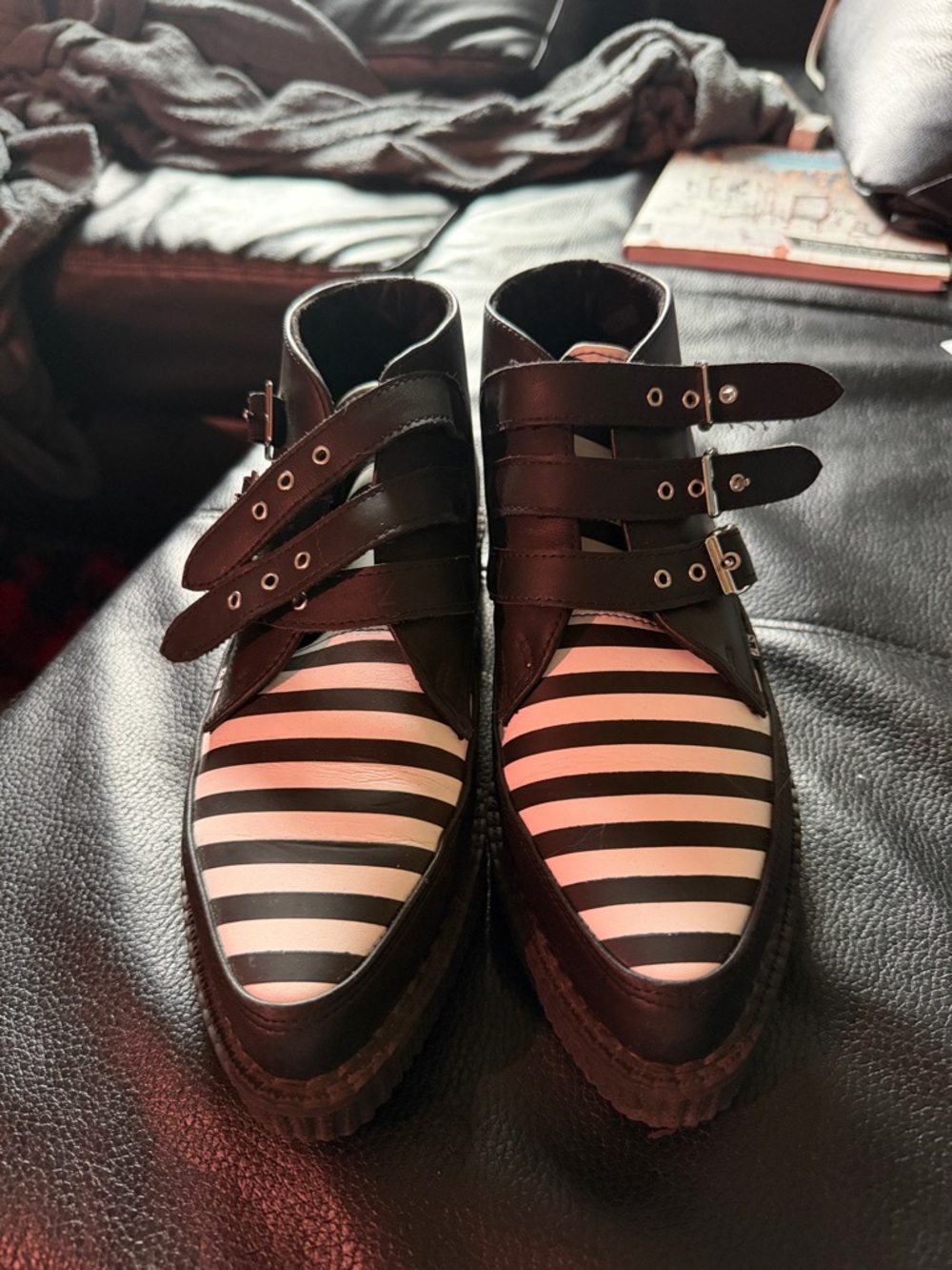 Tuk Black & White Striped Leather Buckle Boots